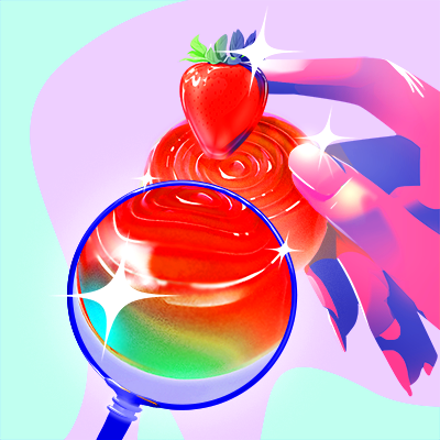 Illustration of a magnifying glass focused on a hand holding a red gummy with a strawberry on top