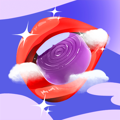 Illustration of a mouth floating in clouds eating a purple gummy