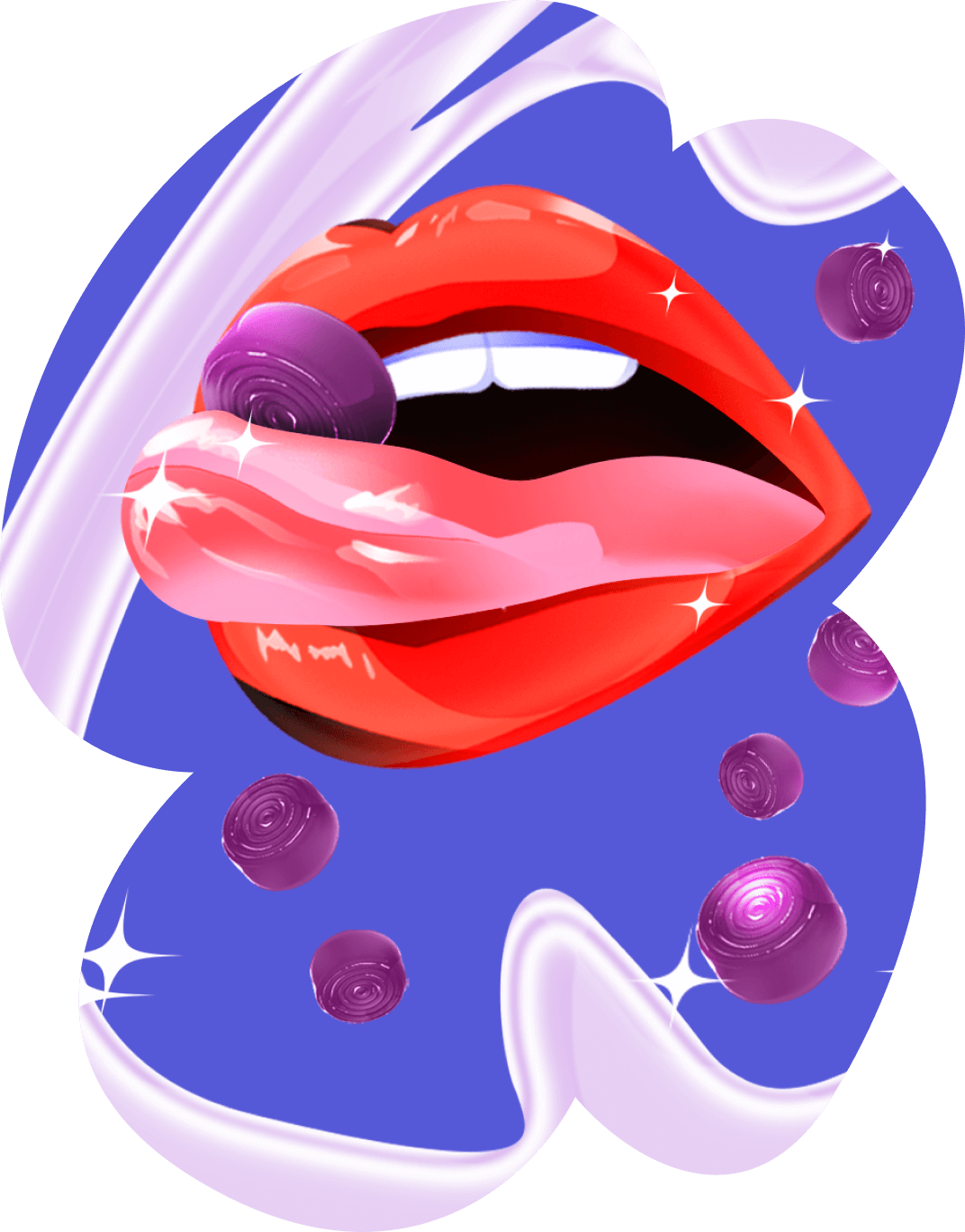 Image of a mouth with a purple gummy sitting on the tongue. Lemme chill bottle and purple gummies surrounding the mouth