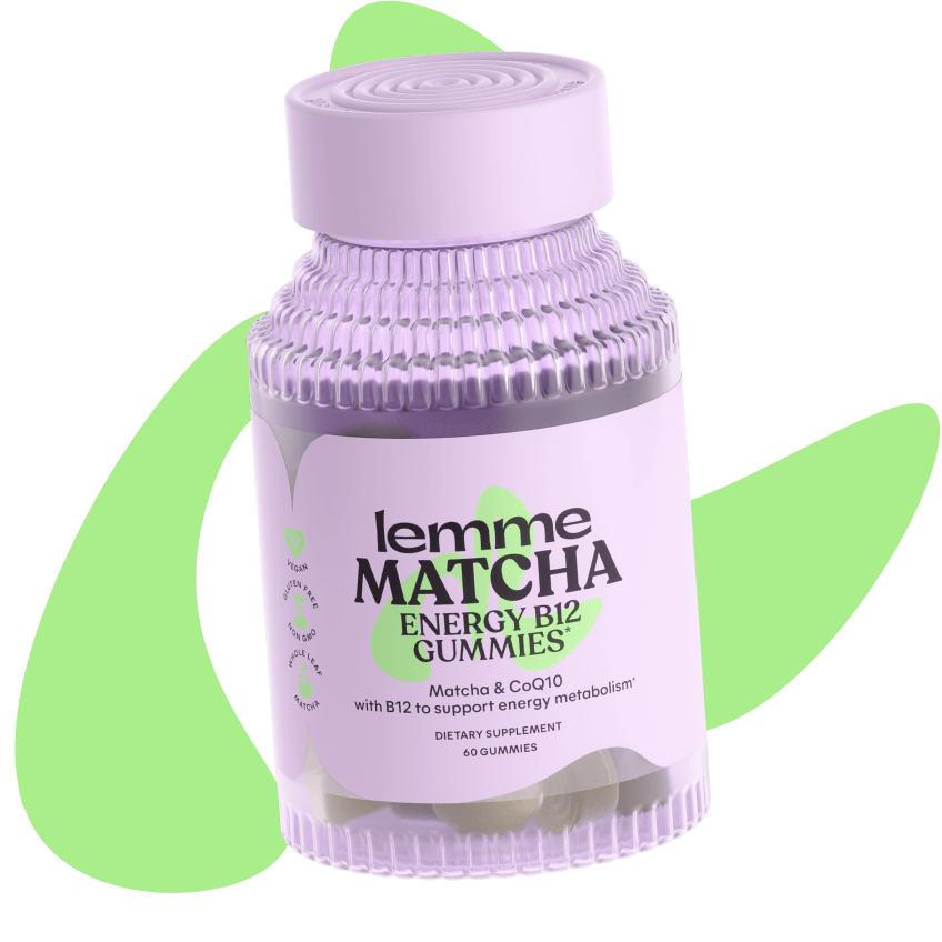 Lemme Matcha bottle with Lemme Matcha shape in the background