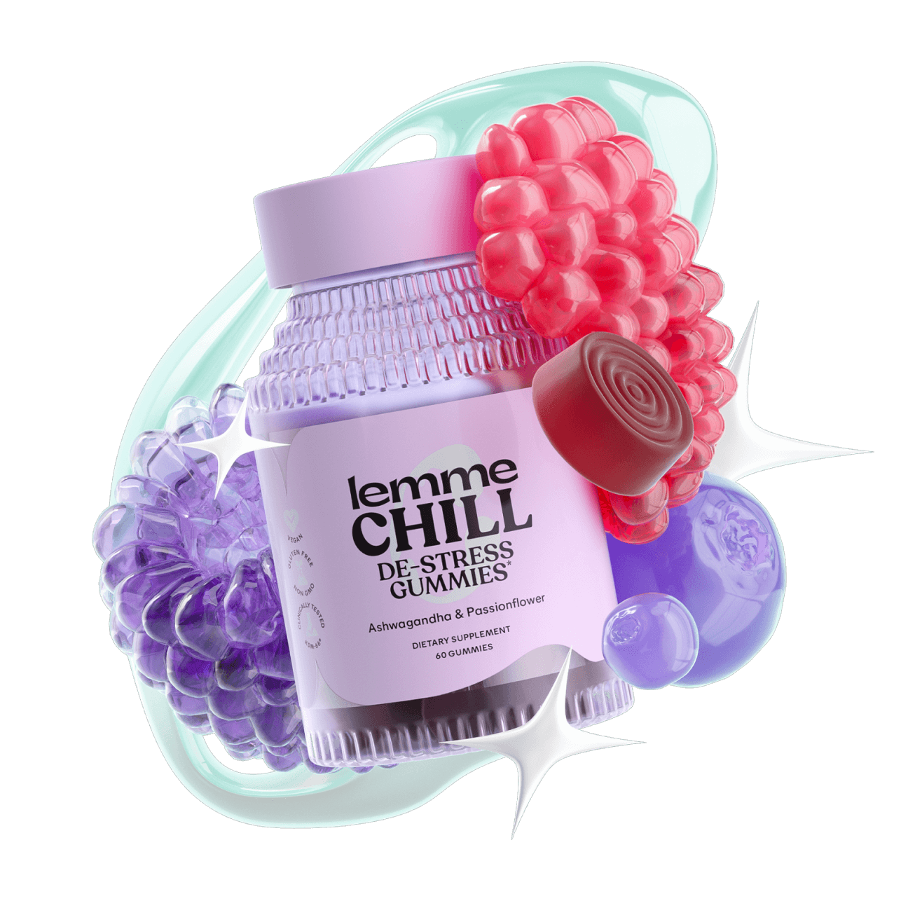 Lemme chill packaging surrounded by fruit renderings, a red gummy, and the lemme chill shape