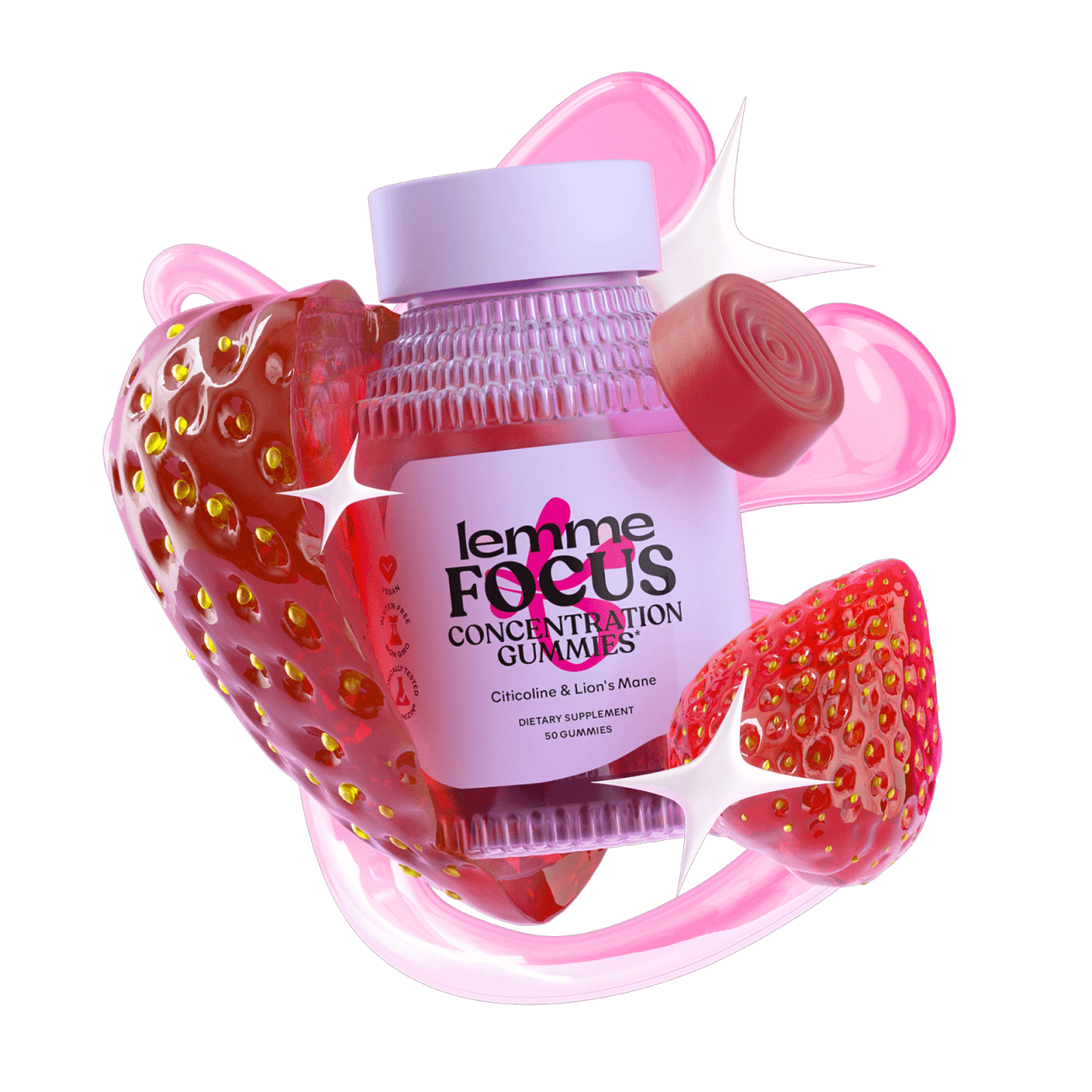 Lemme focus packaging surrounded by fruit renderings, a red gummy, and the lemme focus shape