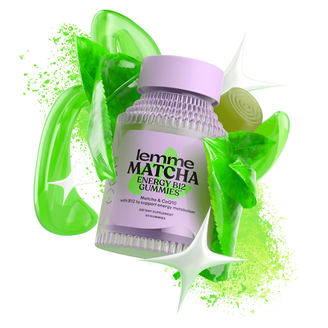 Lemme matcha packaging surrounded by matcha powder, a green gummy, and the lemme matcha shape
