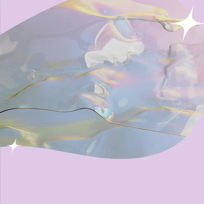 Abstract iridescent background with swirling pastel blue, purple, and gold tones on a lavender base, with sparkling star accents