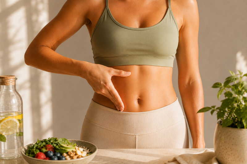 woman in workout clothes with fruit bowl