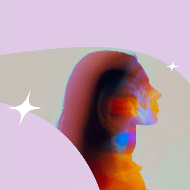 A person in profile with a dreamy double-exposure effect, colorful light streaks across their face and neck, against a soft lavender background with white sparkle accents.