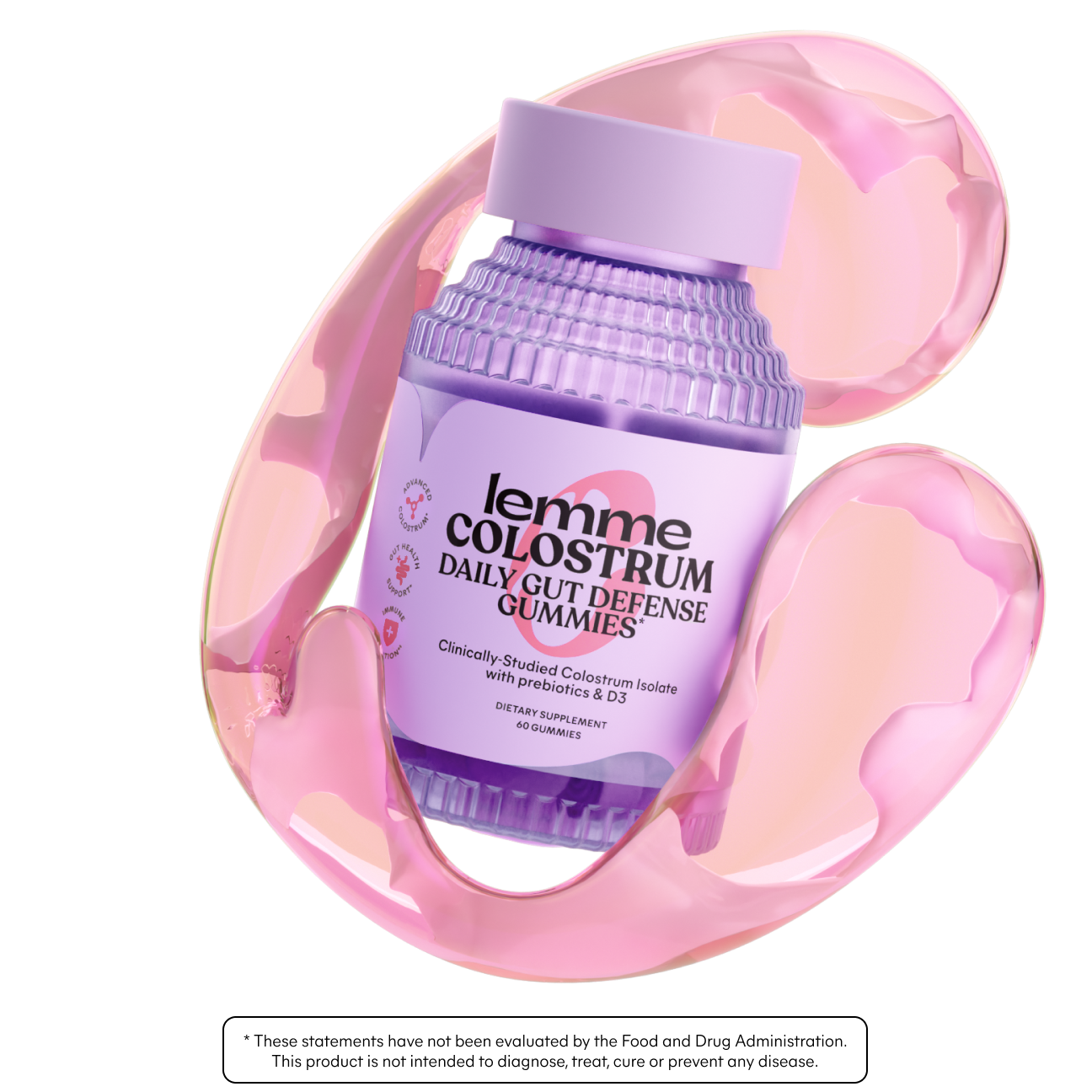 Lemme Colostrum Daily Gut Defense Gummies bottle with pink gel-like substance around it on a white background.