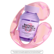 Lemme Colostrum Daily Gut Defense Gummies bottle with pink gel-like substance around it on a white background.