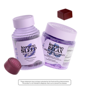Two containers of 'lemme' products, one labeled 'Sleep Tight Gummies' and the other 'Relax Soft Chews', with purple packaging on a white background.