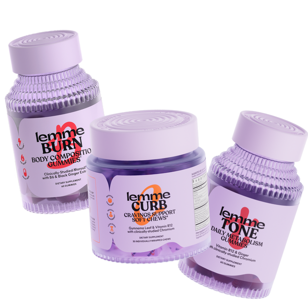 Three purple containers labeled 'lemme BURN', 'lemme CURB', and 'lemme TONE' on a white background.