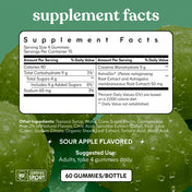 Supplement facts label for a sour apple flavored gummy supplement with green background