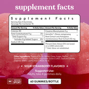 Supplement facts label for a gummy product with a pink background