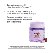 Purple jar with text about combating cravings, supporting blood sugar levels, and lean body mass on a white background.
