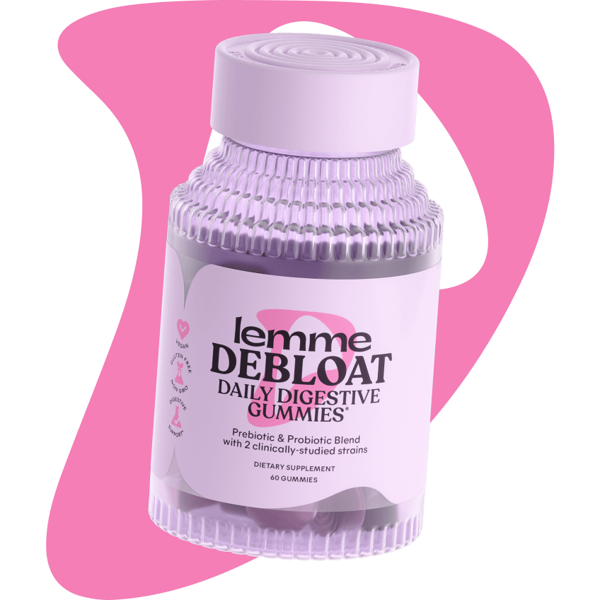 Lemme Debloat bottle with Lemme Debloat shape in the background