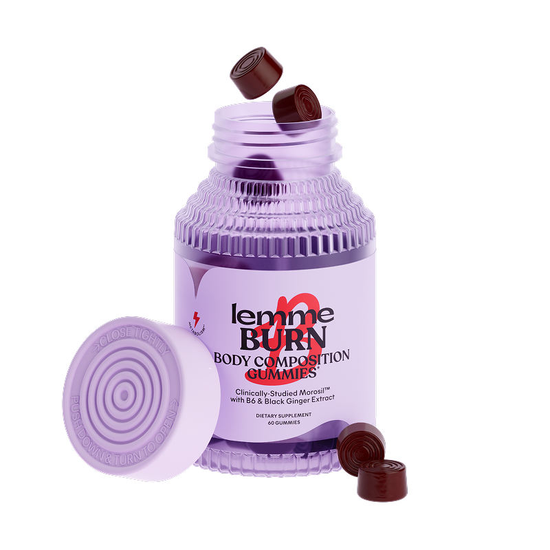 Purple bottle of 'lemme BURN' body composition gummies with open lid on a white background