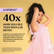 Advertisement for Lustriva with a woman in a pink dress against a yellow background