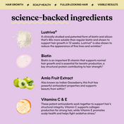 Product information card with science-backed ingredients for hair growth on a purple background