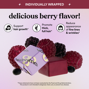 Product packaging with berries on a light purple background, featuring text about berry flavor and product benefits.