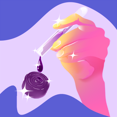 Illustration of a hand holding a tube filled with liquid over a purple gummy