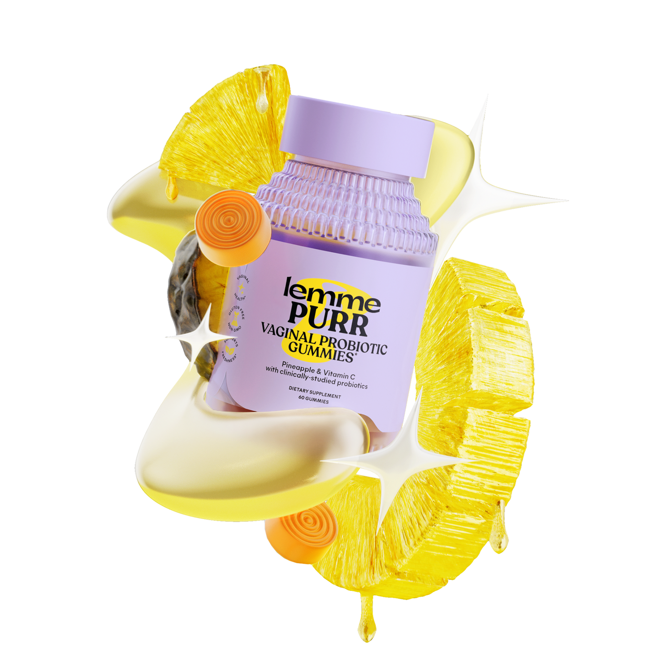 purr gummies bottle with ingredient images in the background 