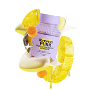 purr gummies bottle with ingredient images in the background 