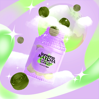 Illustration of Lemme Matcha packaging floating with green gummies surrounding it