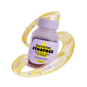 A bottle of Lemme Starface Healthy Skin Gummies with a lavender label and cap, surrounded by a translucent yellow gummy ring decorated with small lavender stars, on a solid white background.
