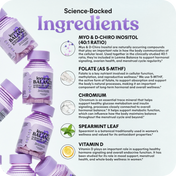 Product label detailing ingredients and their benefits on a purple background