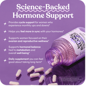 Purple supplement bottle with capsules on a purple background, featuring text about hormone support.