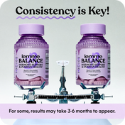 Two bottles of lemme Balance hormone support on a scale with text about consistency and results.
