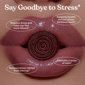 Gummy vitamin in lips with health benefits text on a brown background