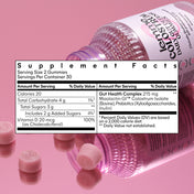 Supplement facts label on a pink background with a bottle of Colostrum Gummies.