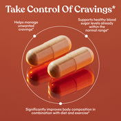 Two capsules on a red background with text about managing cravings and supporting healthy blood sugar levels.