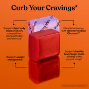 Red vitamin chew bar on an orange background, featuring text about health benefits.