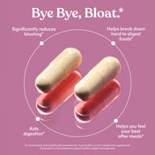 Two capsules with text on a pink background promoting digestive health.