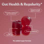 Fiber gummy vitamins with text on a pink background about gut health and regularity.