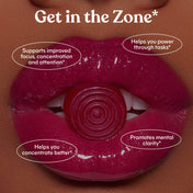 gummy vitamin in someone's mouth with text highlighting concentration and focus