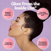 Advertisement for Lemme Glow Gummies with a woman's face and text highlighting benefits on a purple background