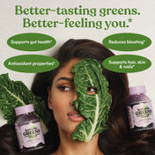 Advertisement for a green supplement with a woman with a leaf over her face and text about its benefits.