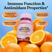lemme IMMUNITY Daily Wellness Gummies bottle surrounded by oranges with text highlighting immune function and antioxidant properties.