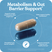 1 capsule with text about metabolism and gut barrier support on a blue background