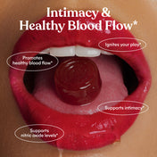 Lemme Play gummy in a mouth with text about intimacy and healthy blood flow.