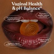 Lemme Purr Gummy in a mouth, with text about vaginal health and pH balance on a brown background