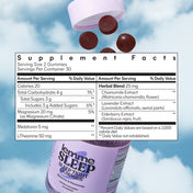 Supplement facts label for lemme SLEEP gummies with a cloudy sky background