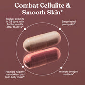 Two capsules with text on a maroon background about cellulite combat and smooth skin.
