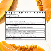 Supplement facts label with cantaloupe slices in the background