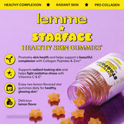 Lemme Starface Healthy Skin Gummies bottle and several star-shaped gummies on a purple background with yellow text and feature icons.