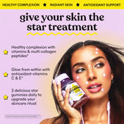 Woman holding a supplement bottle with text about skincare benefits on a purple background