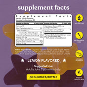 A supplement facts label for lemon-flavored gummies on a purple background with a brown bottle silhouette. The label includes a white nutrition panel, ingredient text, and yellow callout icons for gluten free, no synthetic dyes, no sugar alcohols, and radiant healthy skin.