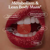 Red candy in a mouth with text about metabolism and lean body mass on a brown background